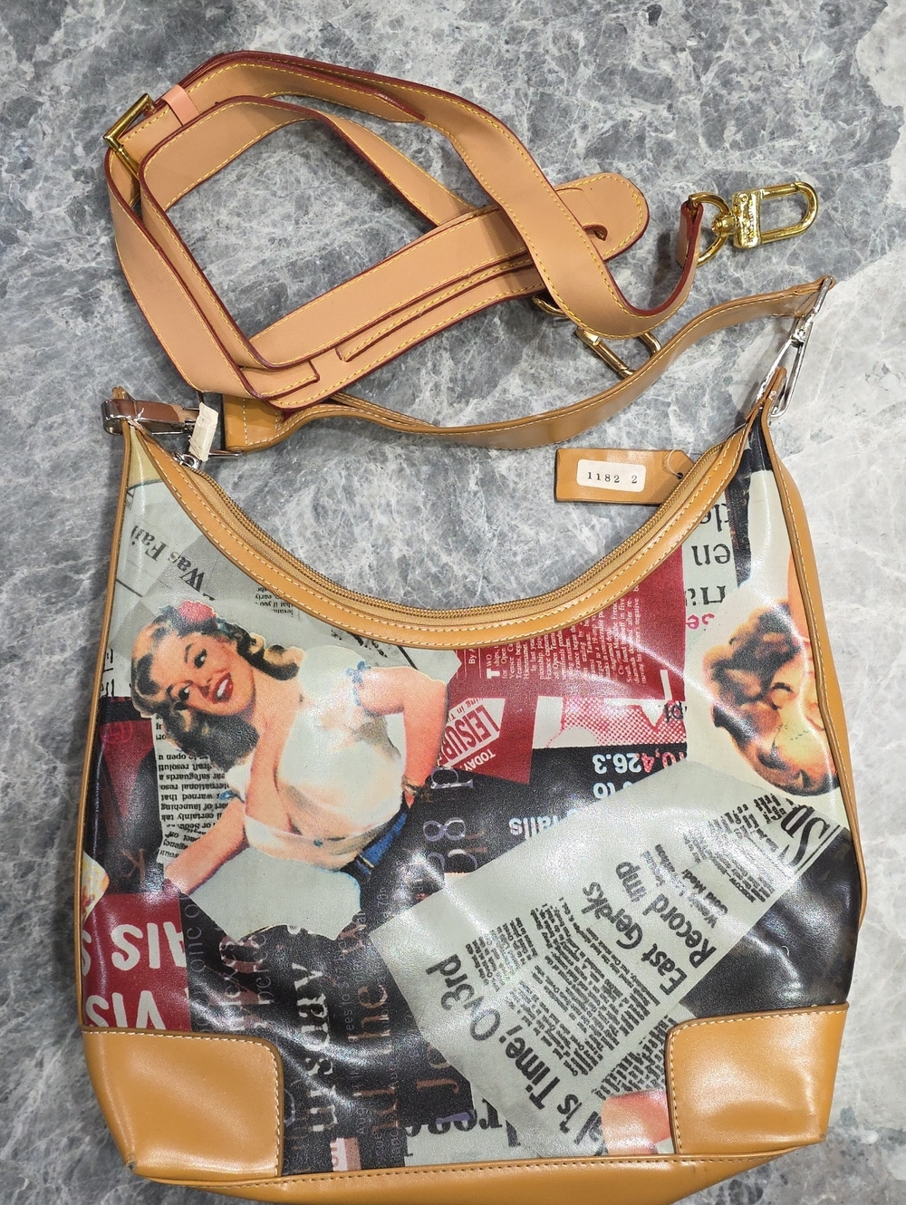Tan Pinup Graphic Shoulder Bag with Clear Trim